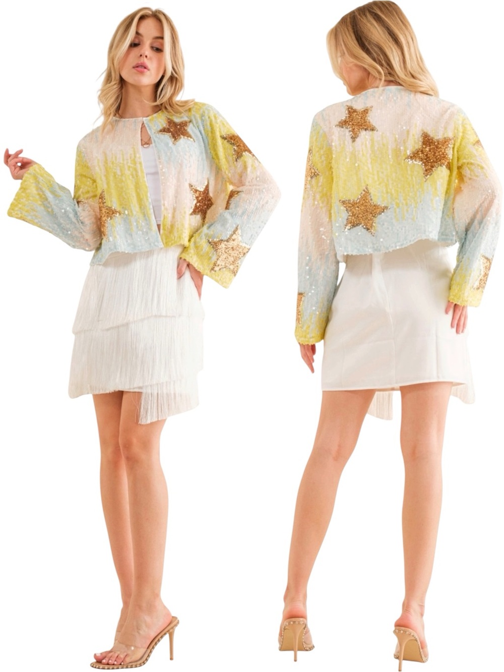 NEW Blue b Light Pink Yellow Wavelength Ombre Allover Sequin Gold Star Jacket